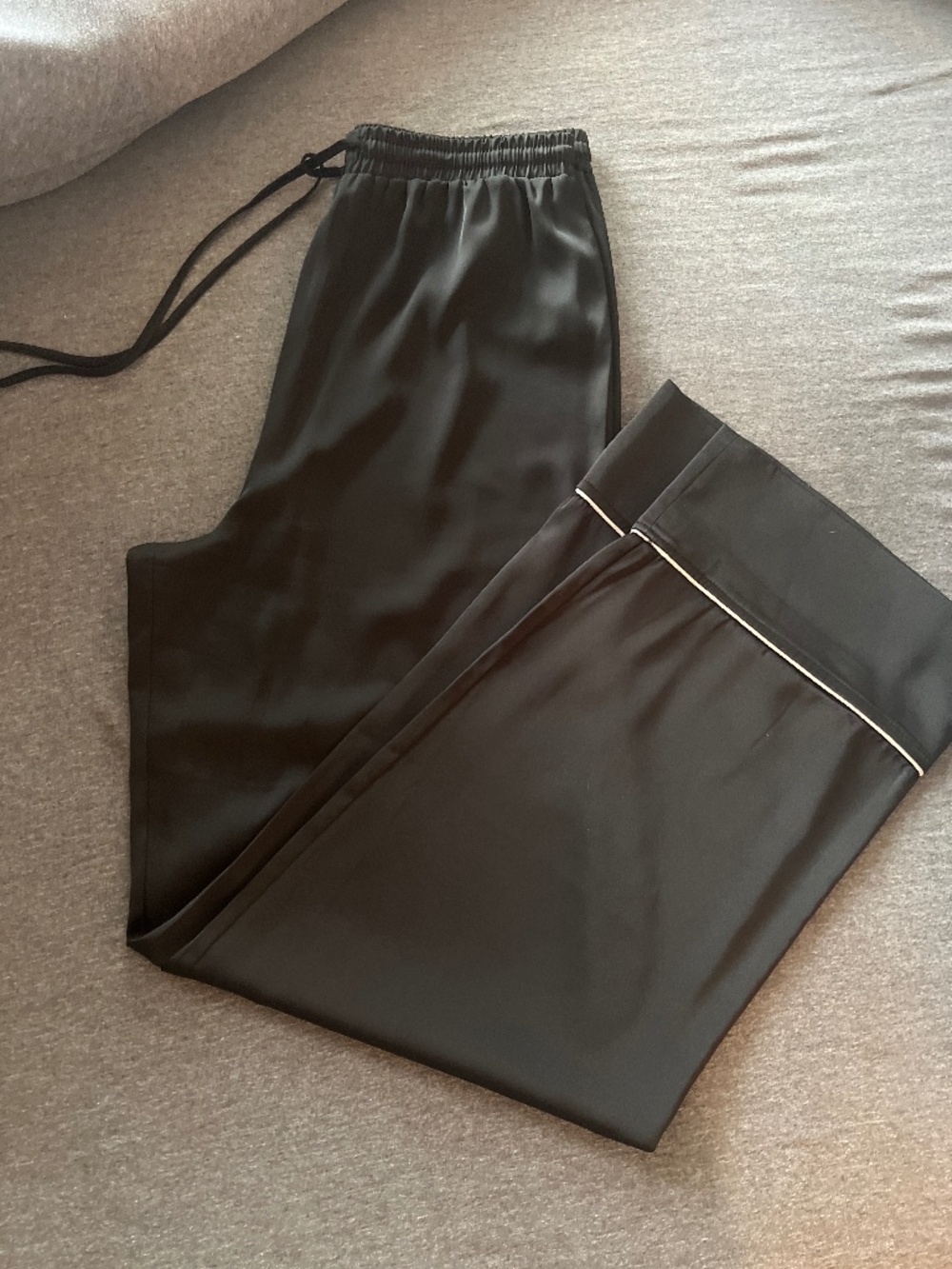 Black Satin Pants – White Piping & Sleepwear-Inspired Chic